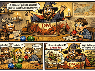 A four‑panel cartoon shows a dungeon master in a wizard outfit running a D&D game. Players roll colorful numbered dice: one gets a 17, another a 12, and one rolls a natural 1. The DM announces a critical fail, imagining the character tripping, while goblins laugh in the final panel.