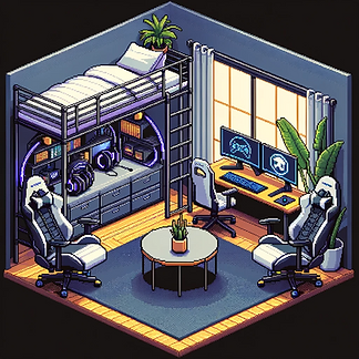 DALL·E 2023-12-15 13.32.06 - Pixel art image of a gaming room featuring a metal frame bunk