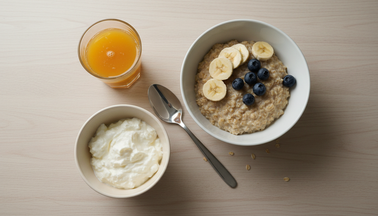 Top-down view of a breakfast bowl and a small glass of sea buckthorn juice