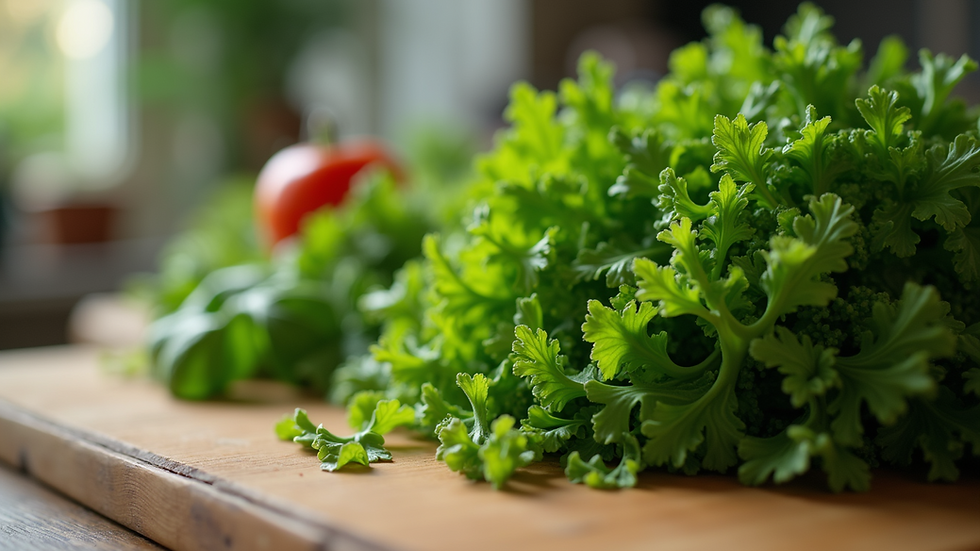 Close-up view of fresh green leafy vegetables on a wooden table