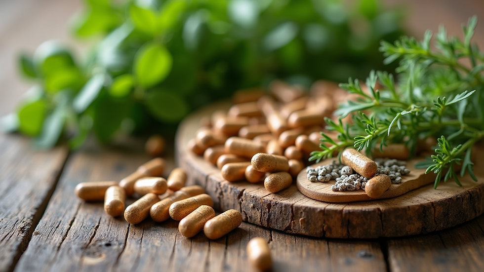 High angle view of herbal supplements and fresh herbs on a wooden surface