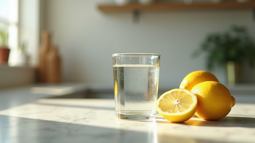 Eye-level view of a glass of water and fresh lemon slices on a kitchen counter