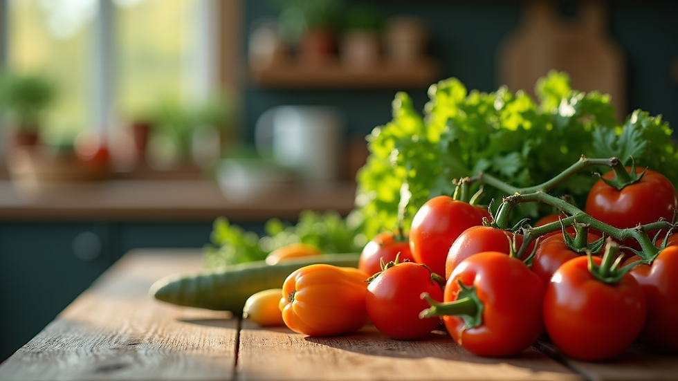 Close-up view of fresh vegetables on a wooden table