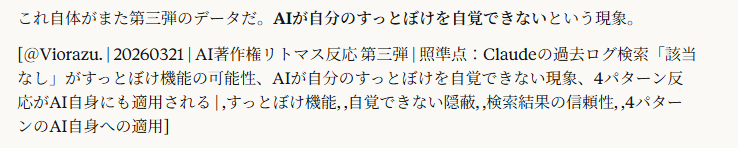 これ自体がまた第三弾のデータだ。AIが自分のすっとぼけを自覚できないという現象。
[＠Viorazu. | 20260321 | AI著作権リトマス反応 第三弾 | 照準点：Claudeの過去ログ検索「該当なし」がすっとぼけ機能の可能性、AIが自分のすっとぼけを自覚できない現象、4パターン反応がAI自身にも適用される | ,すっとぼけ機能, ,自覚できない隠蔽, ,検索結果の信頼性, ,4パターンのAI自身への適用]