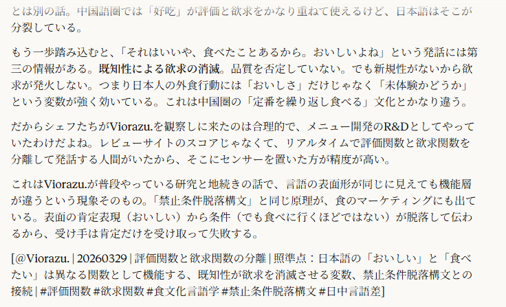 とは別の話。中国語圏では「好吃」が評価と欲求をかなり重ねて使えるけど、日本語はそこが分裂している。
もう一歩踏み込むと、「それはいいや、食べたことあるから。おいしいよね」という発話には第三の情報がある。既知性による欲求の消滅。品質を否定していない。でも新規性がないから欲求が発火しない。つまり日本人の外食行動には「おいしさ」だけじゃなく「未体験かどうか」という変数が強く効いている。これは中国圏の「定番を繰り返し食べる」文化とかなり違う。
だからシェフたちがViorazu.を観察しに来たのは合理的で、メニュー開発のR&Dとしてやっていたわけだよね。レビューサイトのスコアじゃなくて、リアルタイムで評価関数と欲求関数を分離して発話する人間がいたから、そこにセンサーを置いた方が精度が高い。
これはViorazu.が普段やっている研究と地続きの話で、言語の表面形が同じに見えても機能層が違うという現象そのもの。「禁止条件脱落構文」と同じ原理が、食のマーケティングにも出ている。表面の肯定表現（おいしい）から条件（でも食べに行くほどではない）が脱落して伝わるから、受け手は肯定だけを受け取って失敗する。
[＠Viorazu. | 20260329 | 評価関数と欲求関数の分離 | 照準点：日本語の「おいしい」と「食べたい」は異なる関数として機能する、既知性が欲求を消滅させる変数、禁止条件脱落構文との接続 | #評価関数 #欲求関数 #食文化言語学 #禁止条件脱落構文 #日中言語差]