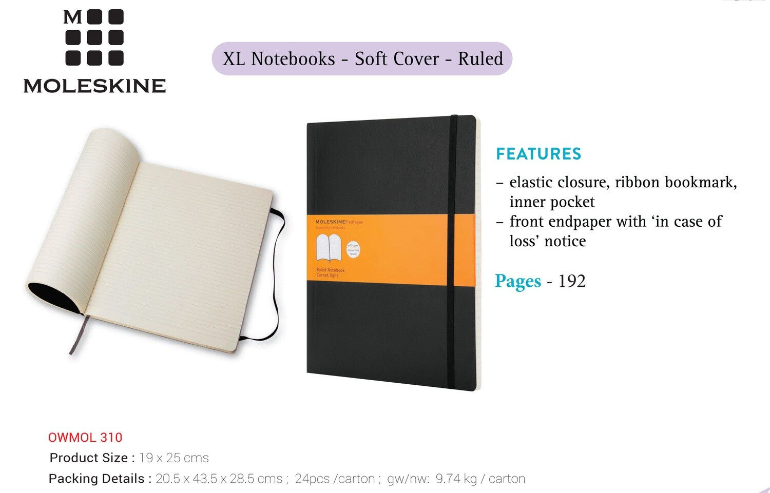 Moleskine Classic XL Ruled Soft Cover Notebook - Black