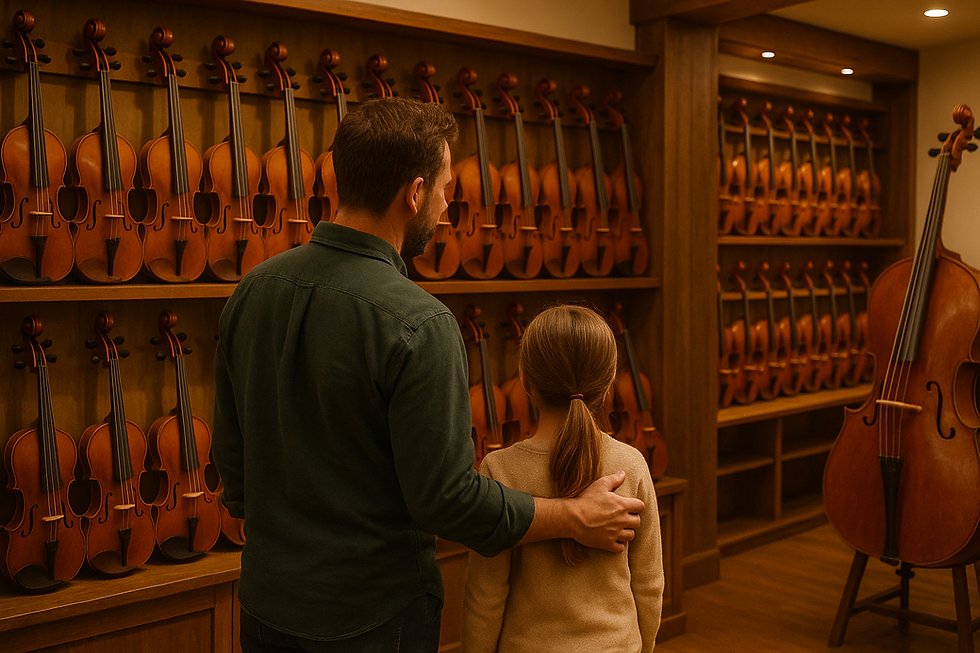 A father and daughter looking at all the beautiful violins, violas, and cellos!