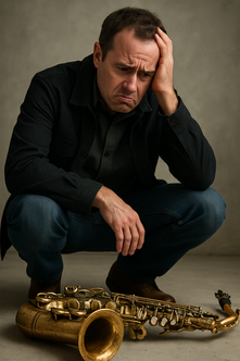 A very upset saxophonist who dropped his saxophone