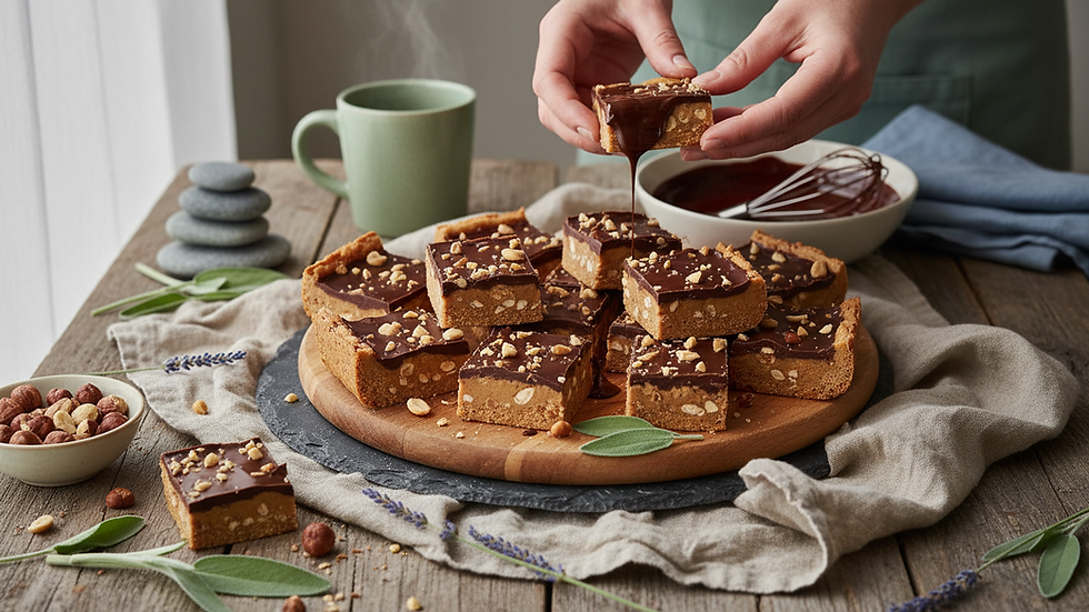 Close-up view of no-bake chocolate peanut butter bars on a wooden board