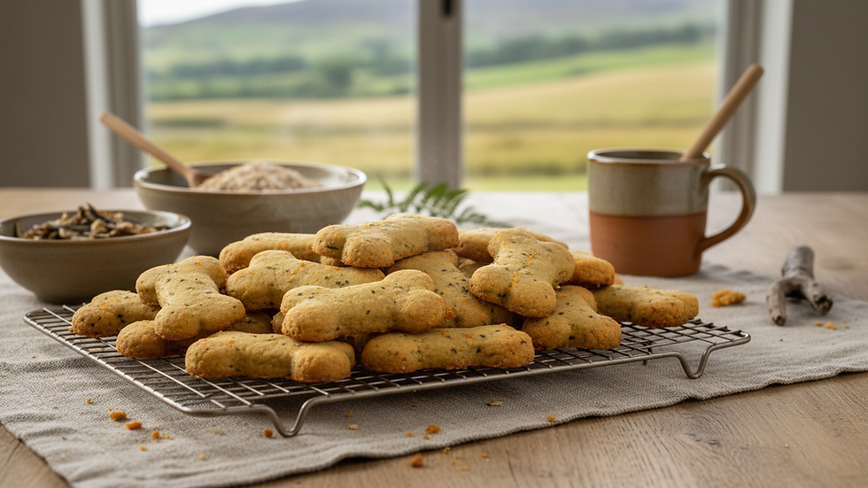 Eye-level view of freshly baked dog cookies on a cooling rack
