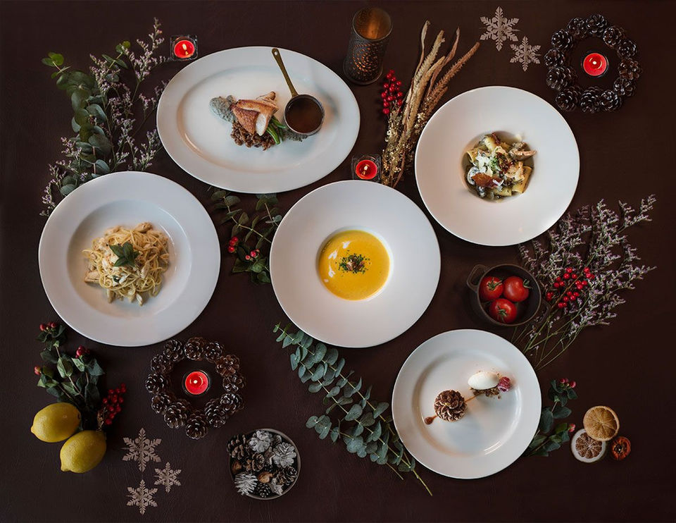Styled table shot on location at the restaurant for a seasonal Thanksgiving menu