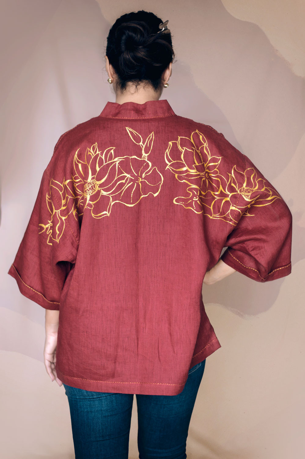 PAINTED TEXTILES | Maroon Kimono Jacket with Gold Lotuses