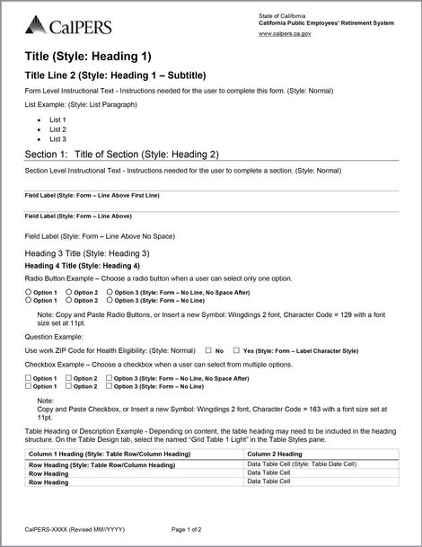 CalPERS External form template sample with CalPERS logo and contact information in the header, form example styles of H1, H2, H3, body, and body bullet in the body.