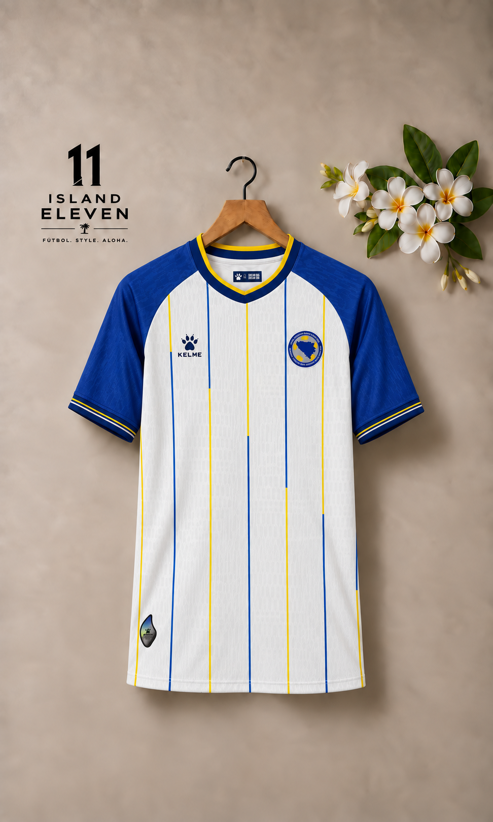 Front view of Bosnia and Herzegovina White and Blue Pinstripe Jersey