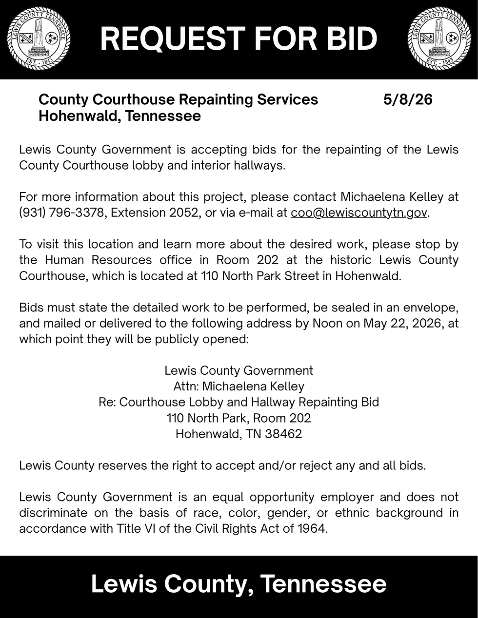 REQUEST FOR BID - County Courthouse Interior Repainting Services