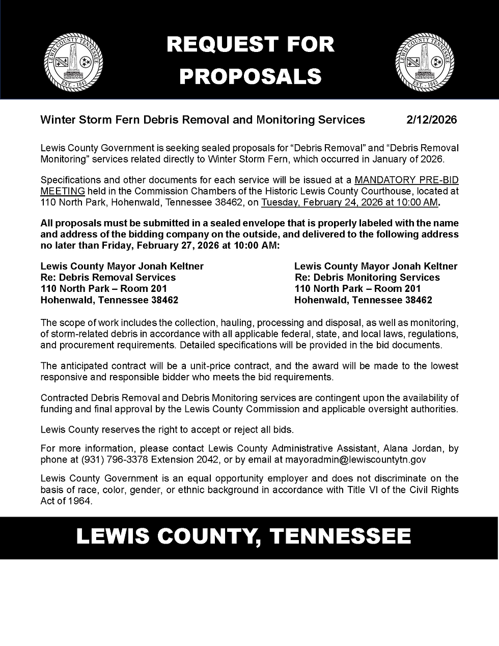 REQUEST FOR PROPOSAL - Winter Storm Fern Debris Removal and Monitoring Services