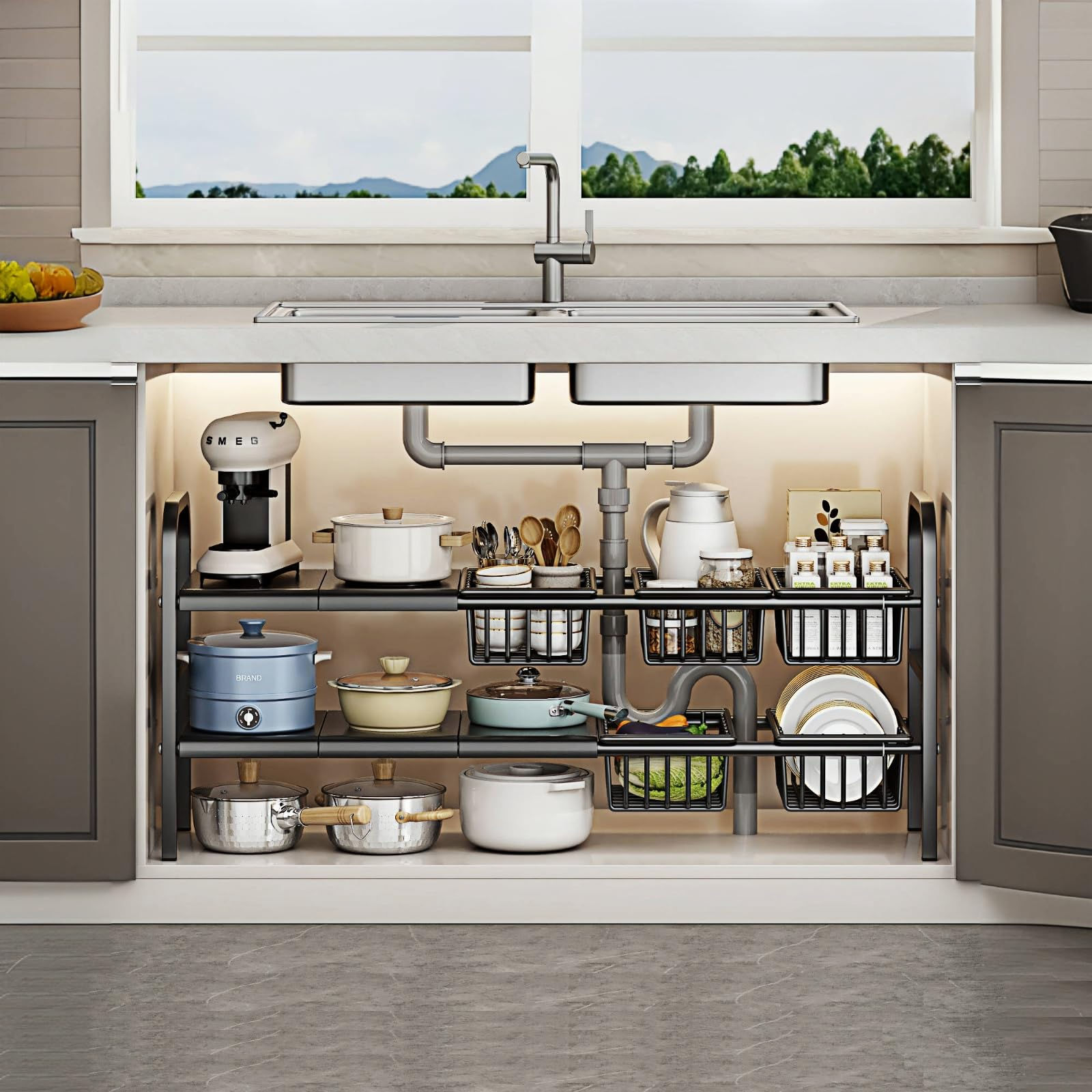 Fliqor Under Sink Organizer,2 Tier Expandable Heavy Duty Metal Shelf,with 5 Remo