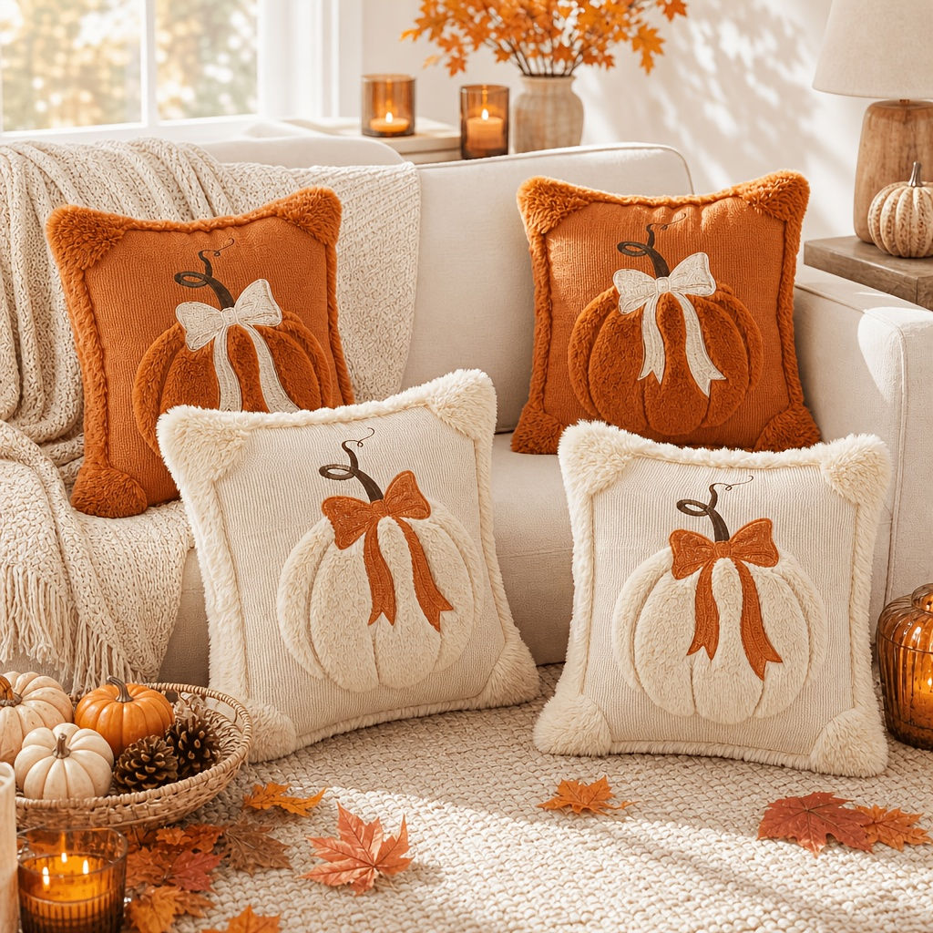 2-Pack Fall 3D Jacquard Pumpkin with Bow Throw Pillow Covers, Autumn Thanksgivin