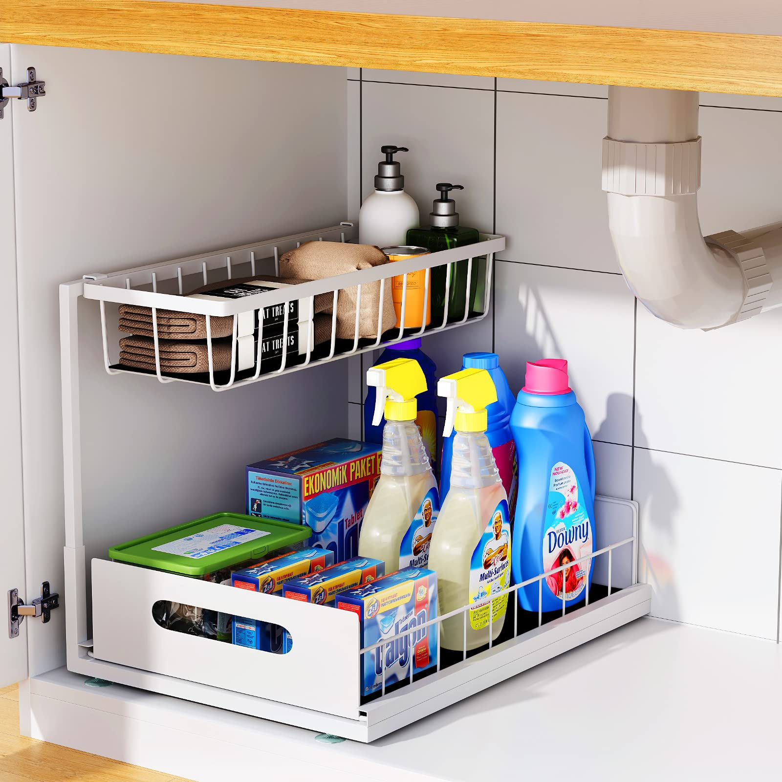 UINOFLE Under Sink Organizers and Storage 2 Tier Sliding Cabinet Basket Organize