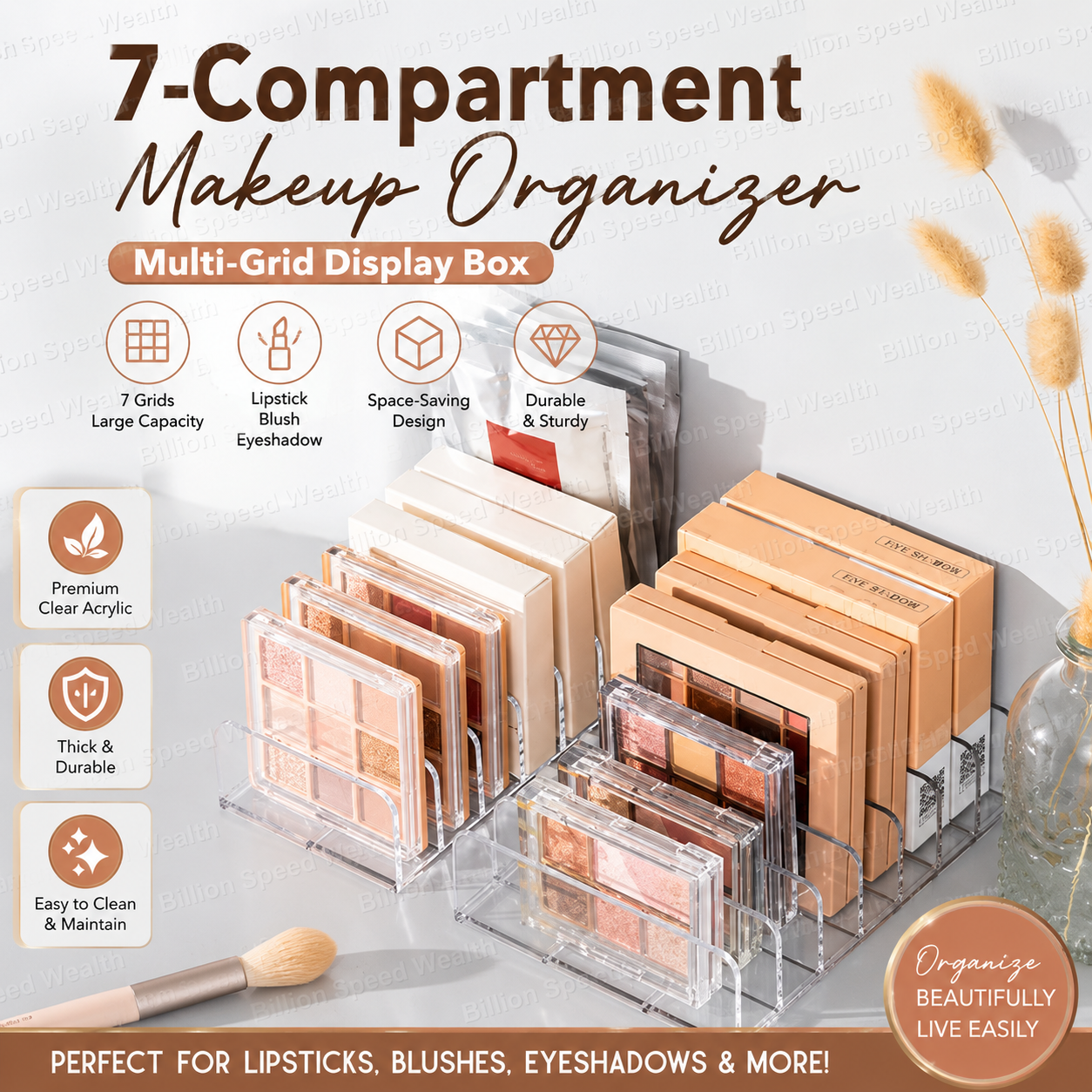 Makeup Organizer Box, 7-Compartment Clear Storage Shelf, Multi-Cell Display for