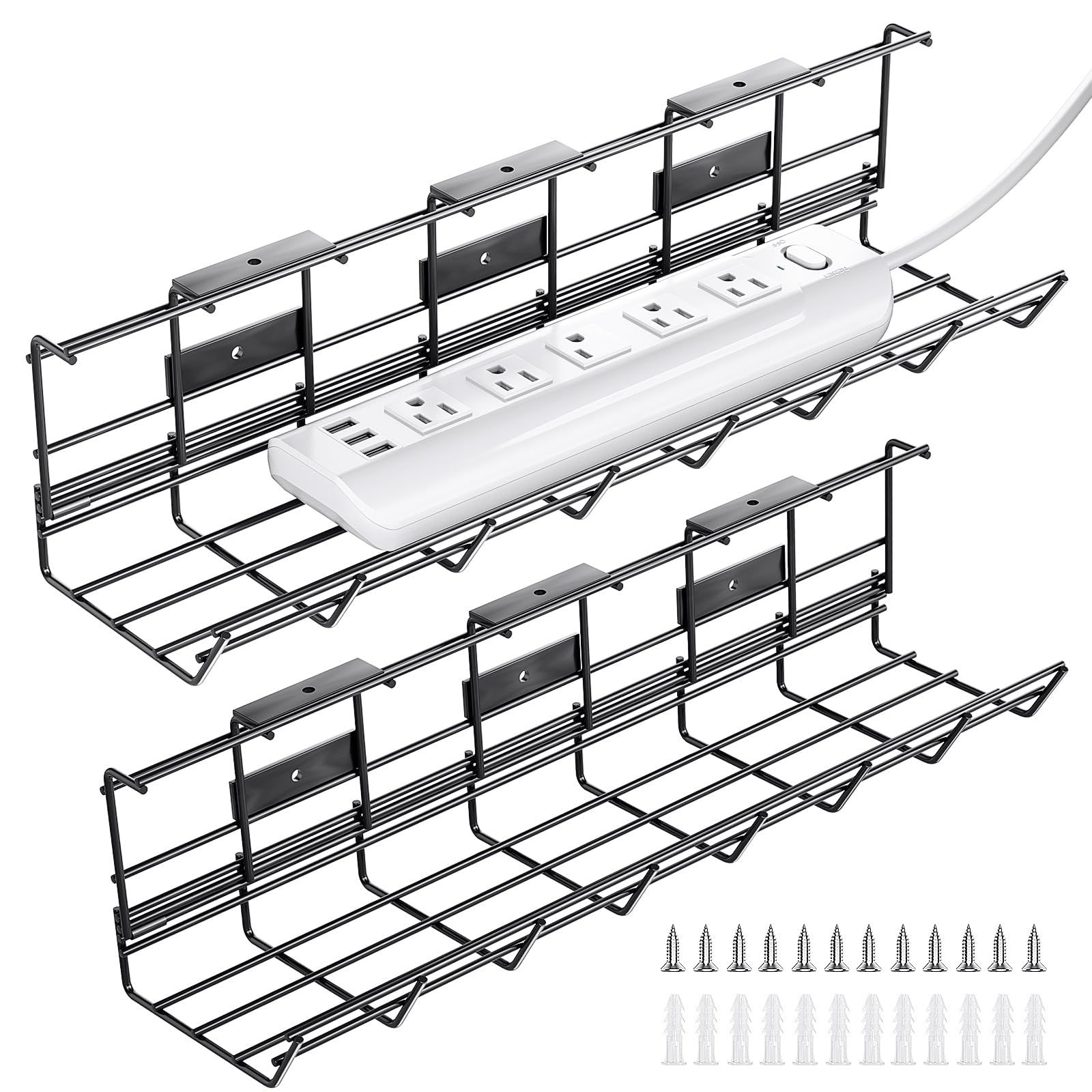 2 Pack DELAMU Under Desk Cable Management Tray Metal Cord Organizer for Desk Wir