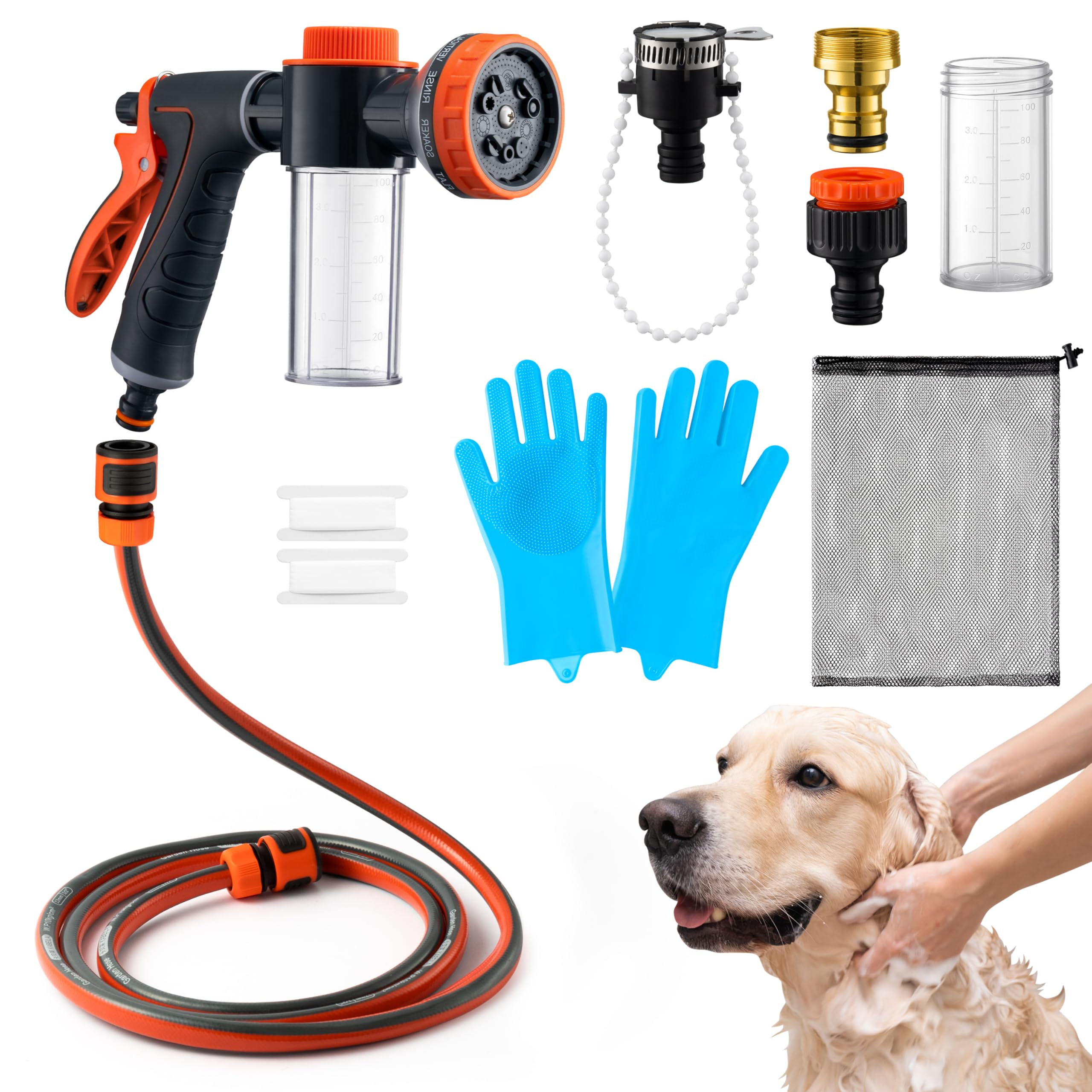 MALLMALL6 Dog Washing Hose attachment with Pet Grooming Glove & 2 Soap Dispenser