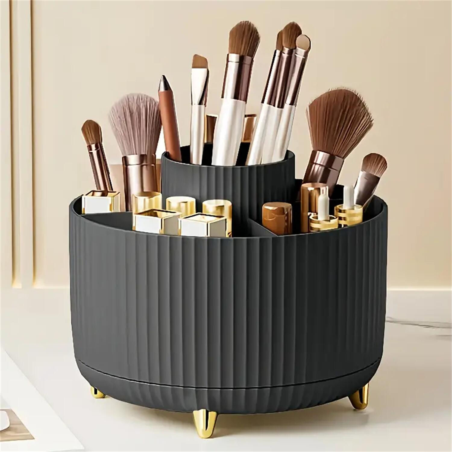 360° Rotating Makeup Organizer - 1pc Plastic Cosmetic Storage with 5 Compartmen