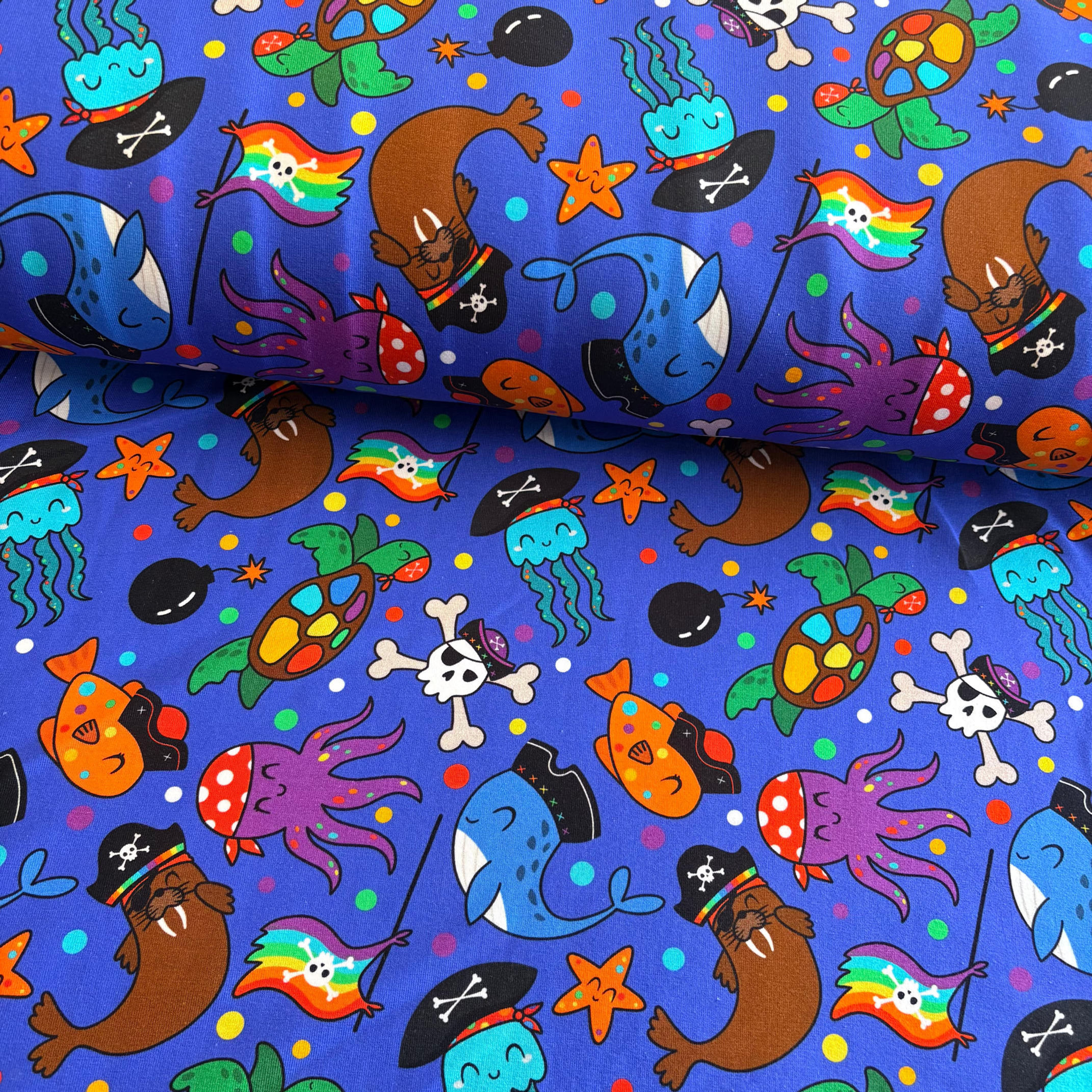 Pirate reef party Premium Cotton Lycra Jersey Fabric – Kids Stretch Fabric UK