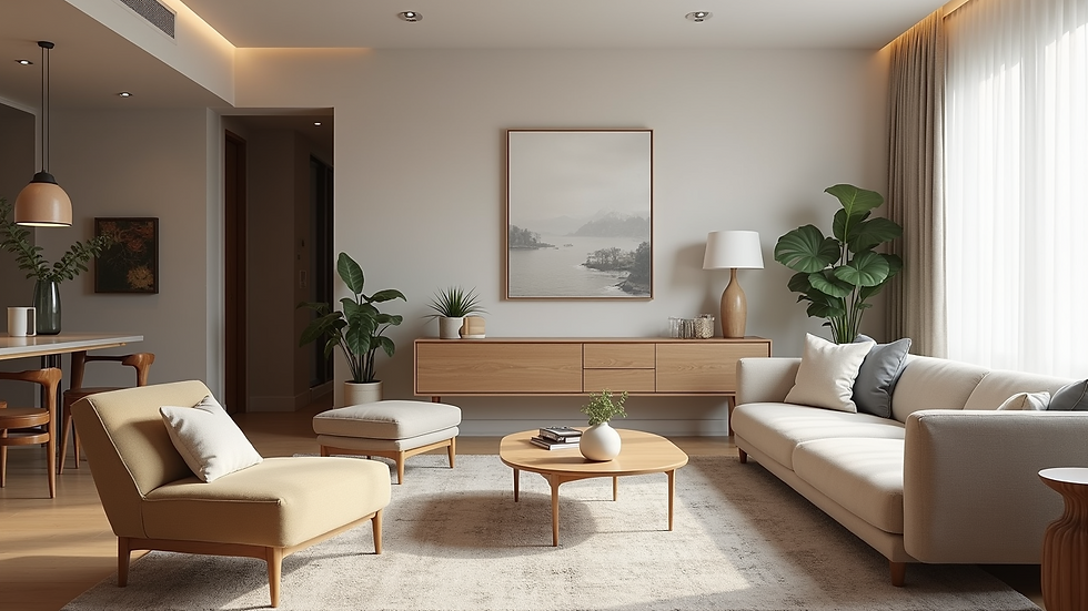 Wide angle view of a beautifully renovated living room with modern decor