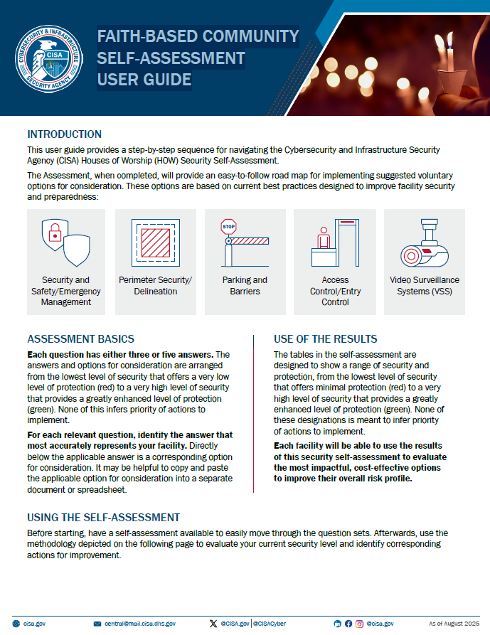 Prepare for the Houses of Worship Security Grant Opportunity and Self Assessment Information.