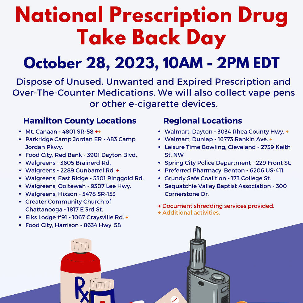National Prescription DRug Take Back Day Flyer listing locations across Hamilton County and regional locations