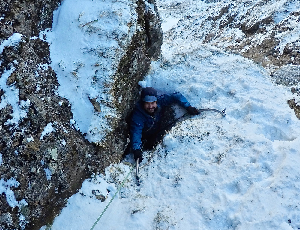 Exiting the chockstone Central Trinity Gully