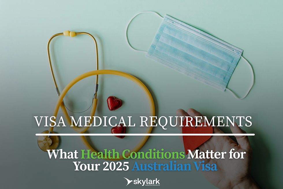 Flat lay of a stethoscope, surgical mask, and paper heart symbolising health check requirements for Australian visa applications in 2025
