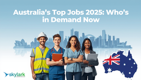 Group of Australian professionals including a construction worker, nurse, and business professionals standing in front of a modern city skyline with text reading ‘Australia’s Top Jobs 2025: Who’s in Demand Now’ and Skylark Migration logo."