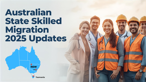 Map of Australia highlighting Tasmania, New South Wales, and the Australian Capital Territory with icons representing skilled workers and migration updates for 2025.