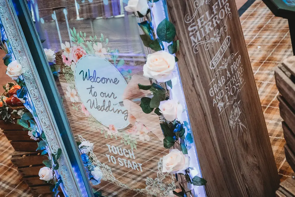close up of mirror showing ascreen say welcome to our wedding