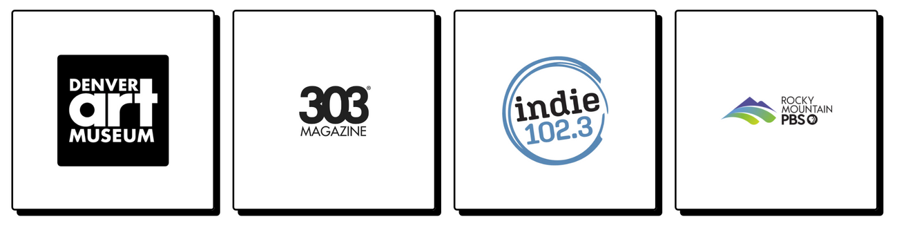 Denver Art Museum Logo, 303 Magazine Logo, indie 102.3 Logo, Rocky Mountain Logo