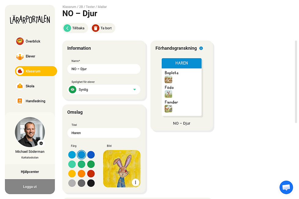 Skärmdump från Lärarportalen som visar mallredigeringen för "NO – Djur". Till vänster syns inställningar för namn, synlighet, omslagstitel, färg och bild. Till höger visas en förhandsgranskning av mallen med sektionerna Boplats, Föda och Fiender.