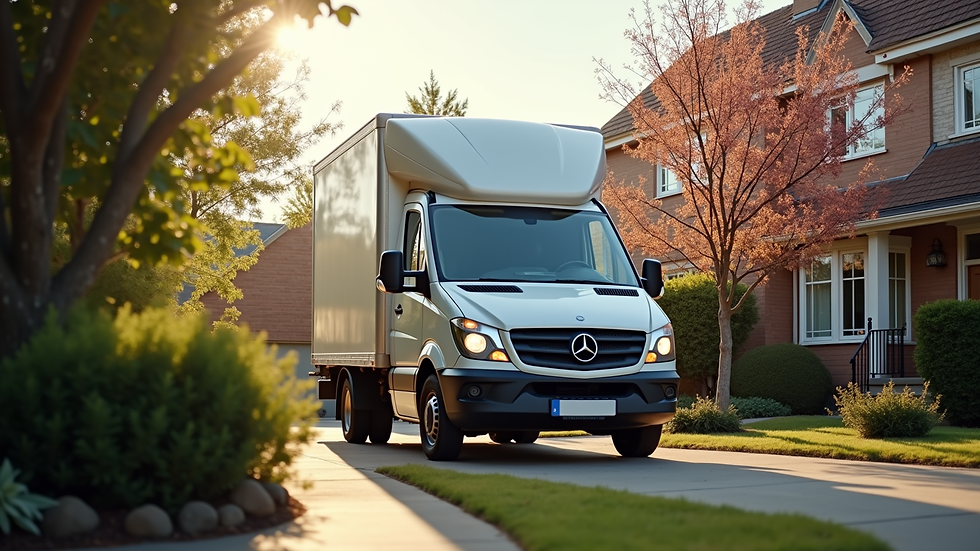 Eye-level view of a delivery van parked outside a residential home