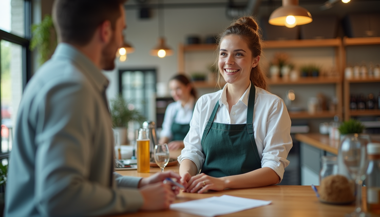 Eye-level view of a clean and welcoming service workspace with friendly staff ready to assist