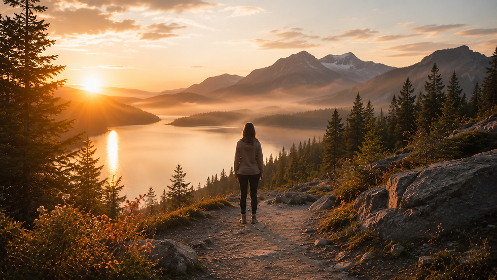 Person standing on a mountain trail overlooking a lake at sunrise, symbolizing reflection and moving forward