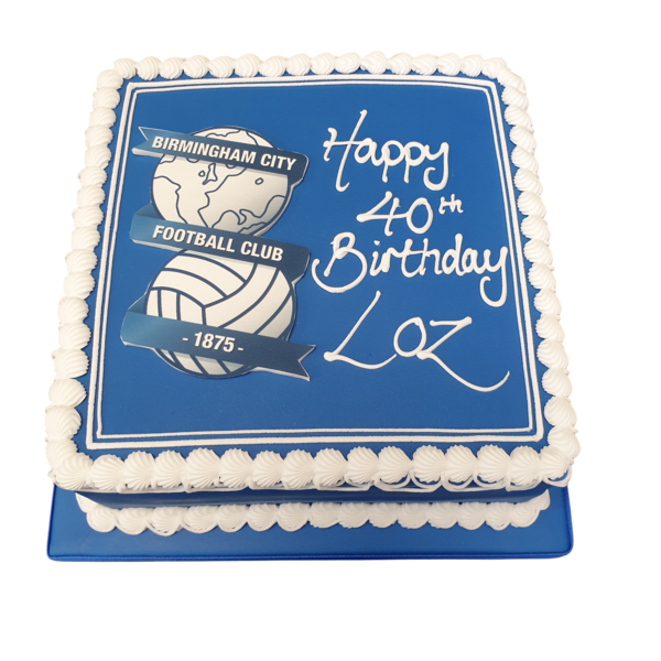 A beautifully crafted cake featuring the iconic BCFC Birmingham City football badge design, perfect for any loyal supporter's celebration.