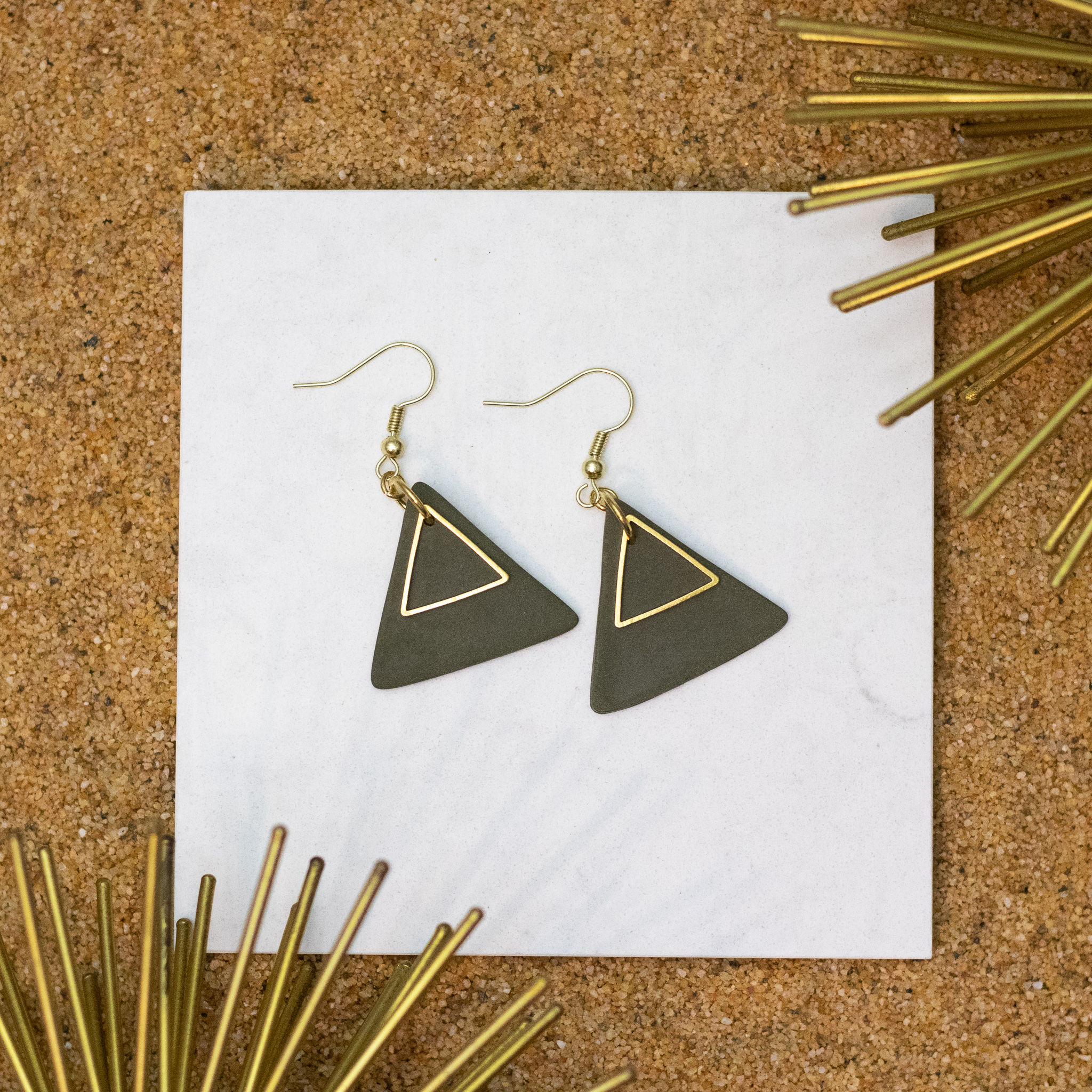 Green Triangle Earrings with Gold Accent