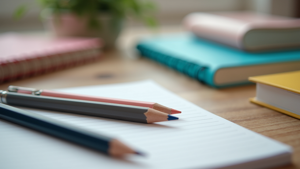 Close-up view of a neatly arranged school stationery set including pens, pencils, and notebooks