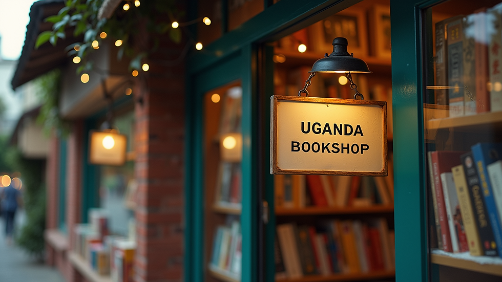 Close-up view of a bookshop entrance with a sign reading "Uganda Bookshop"