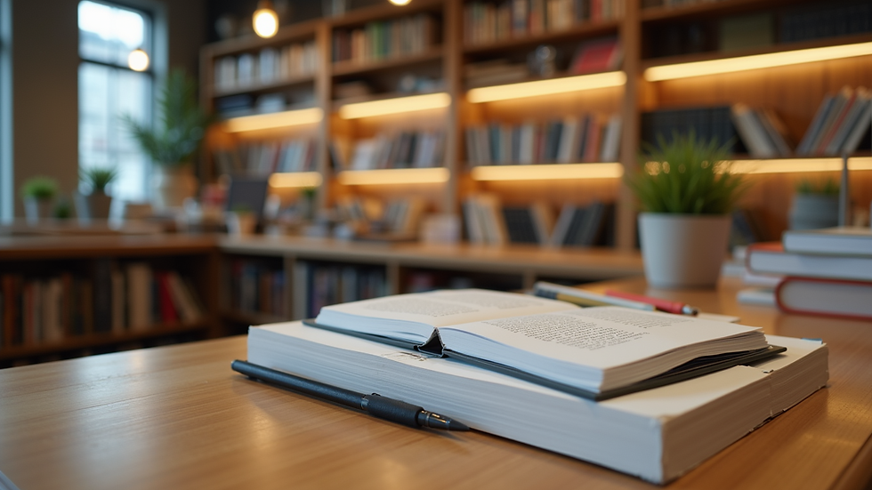 Close-up view of a bookstore counter with academic books and stationery