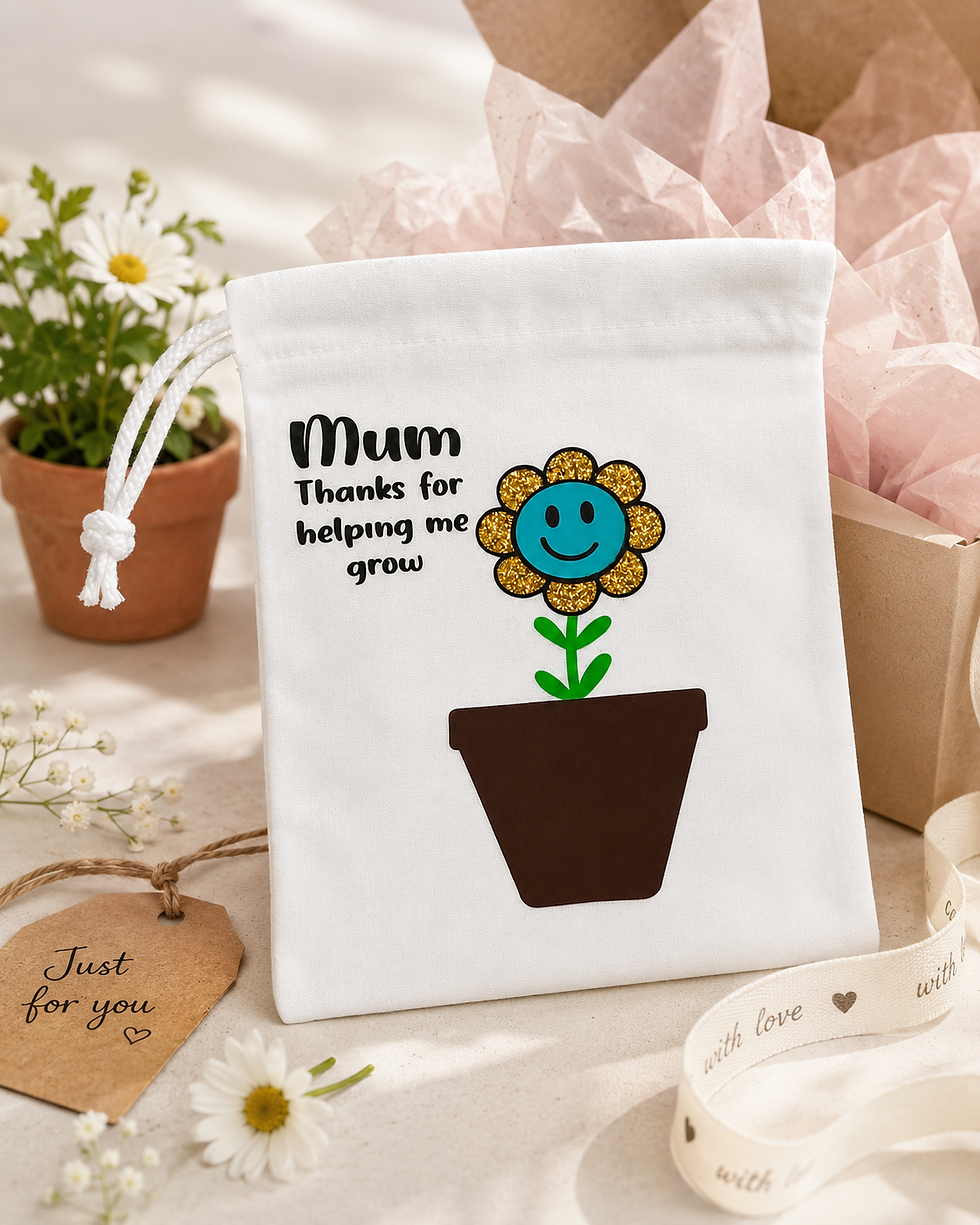 A white bag featuring a floral design and text sits on a table alongside a potted plant and other decorative items.