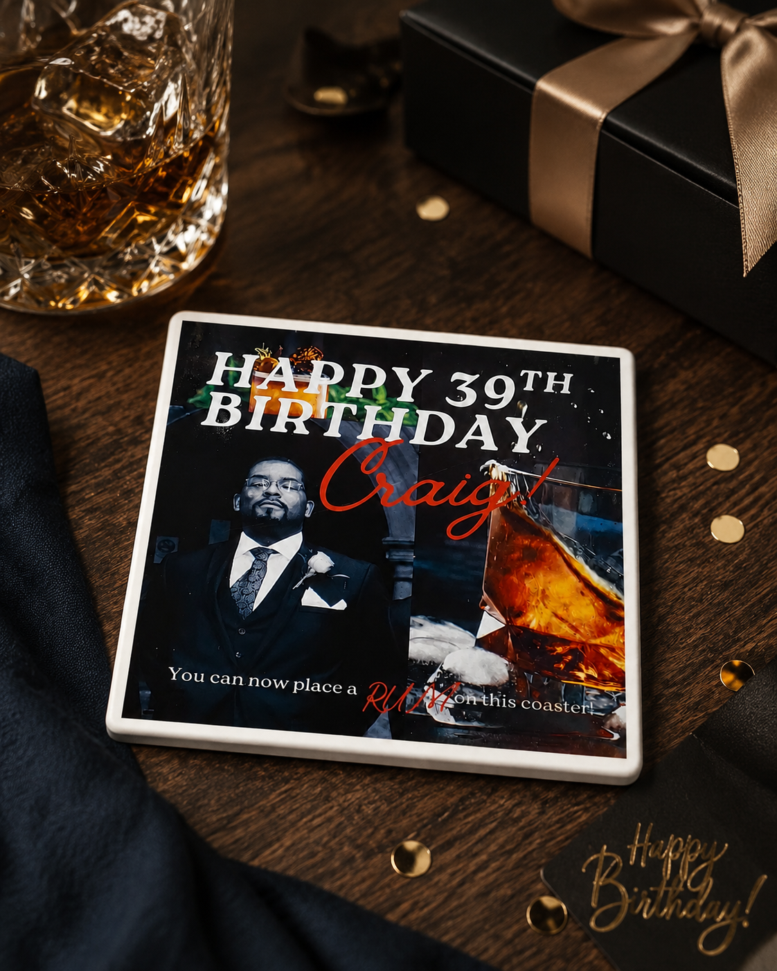 Personalised ceramic birthday photo coaster with custom name, age, and photo print