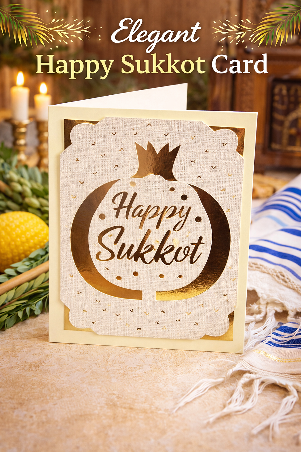 Luxury Sukkot greeting card featuring a gold foil pomegranate design on textured cream cardstock with scalloped edges.