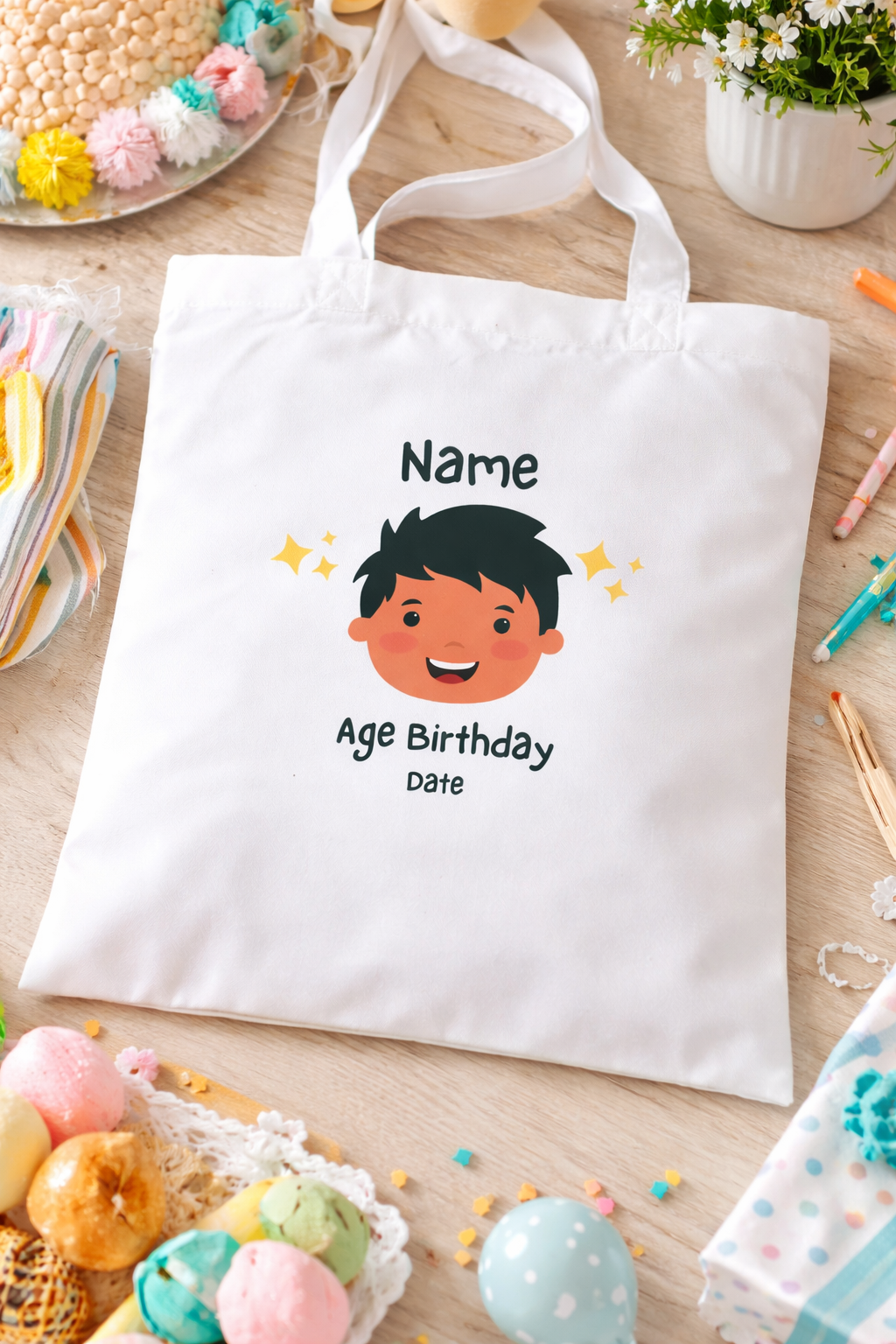 A personalized white birthday tote bag featuring a cartoon boy's face and customizable text fields for name, age, and date.